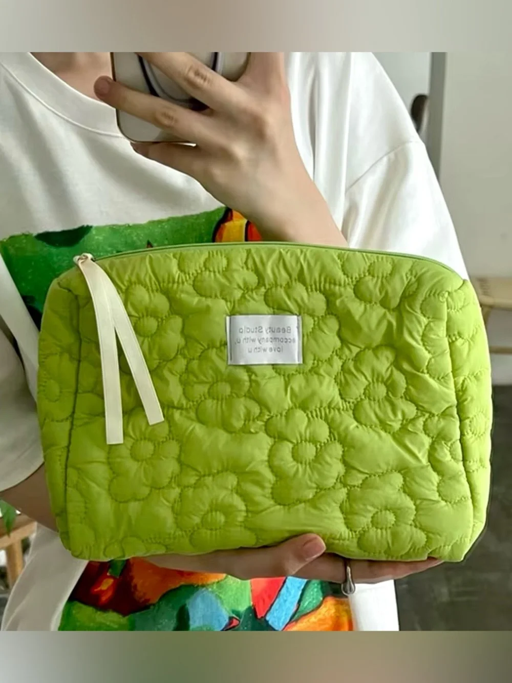 Large Green Quilted Pink Floral Women’s Makeup Toiletries Cosmetic Organizer Bag
